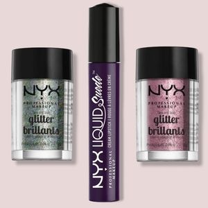 NYX Colorful Bundle- Amethyst Liquid Lipstick, Rose & Crystal Eye/Body Glitter.